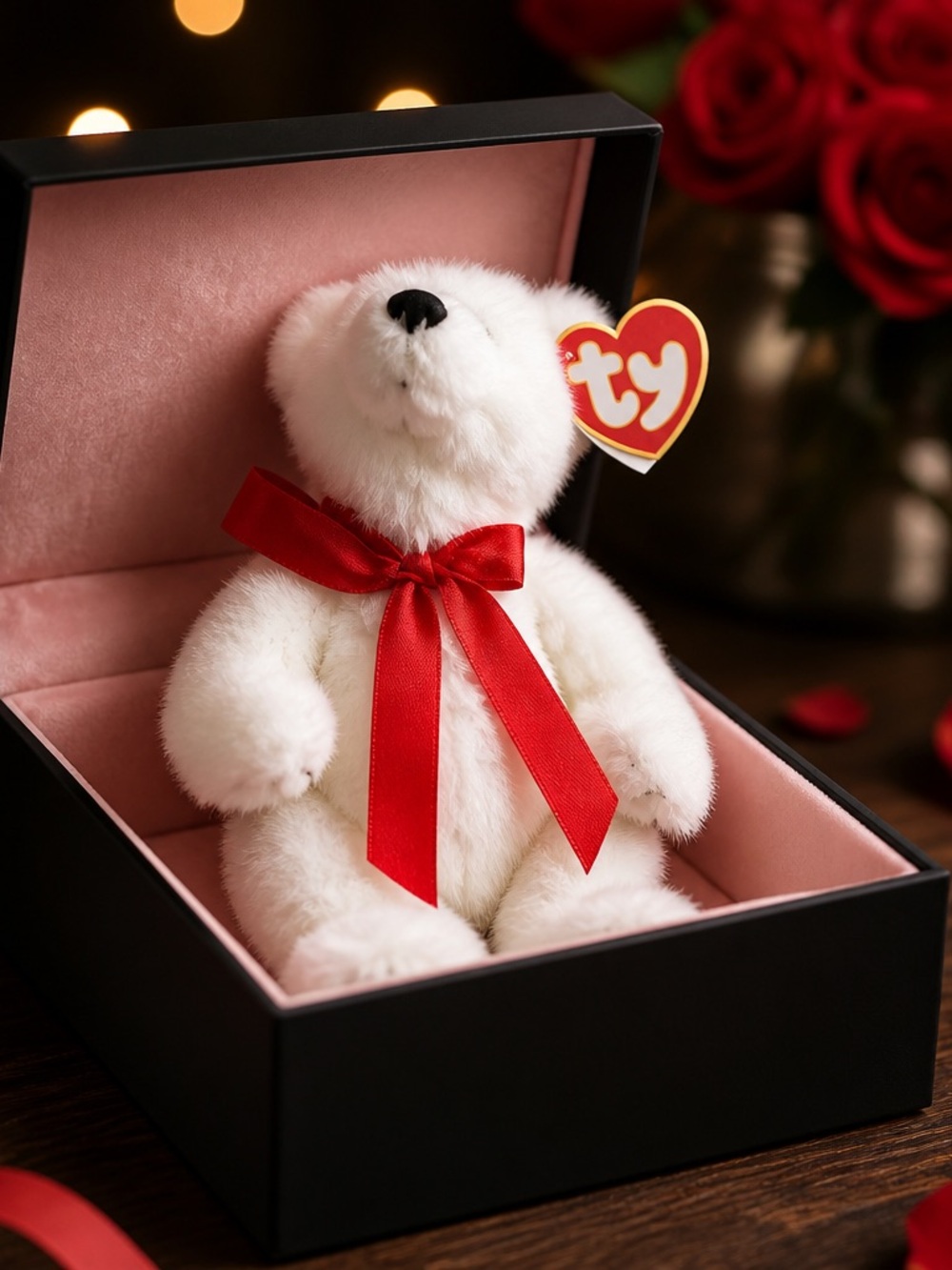 Ty White Plush Bear with Red Ribbon